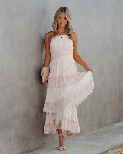 Affection Pleated Tiered Lace Maxi Dress Blush