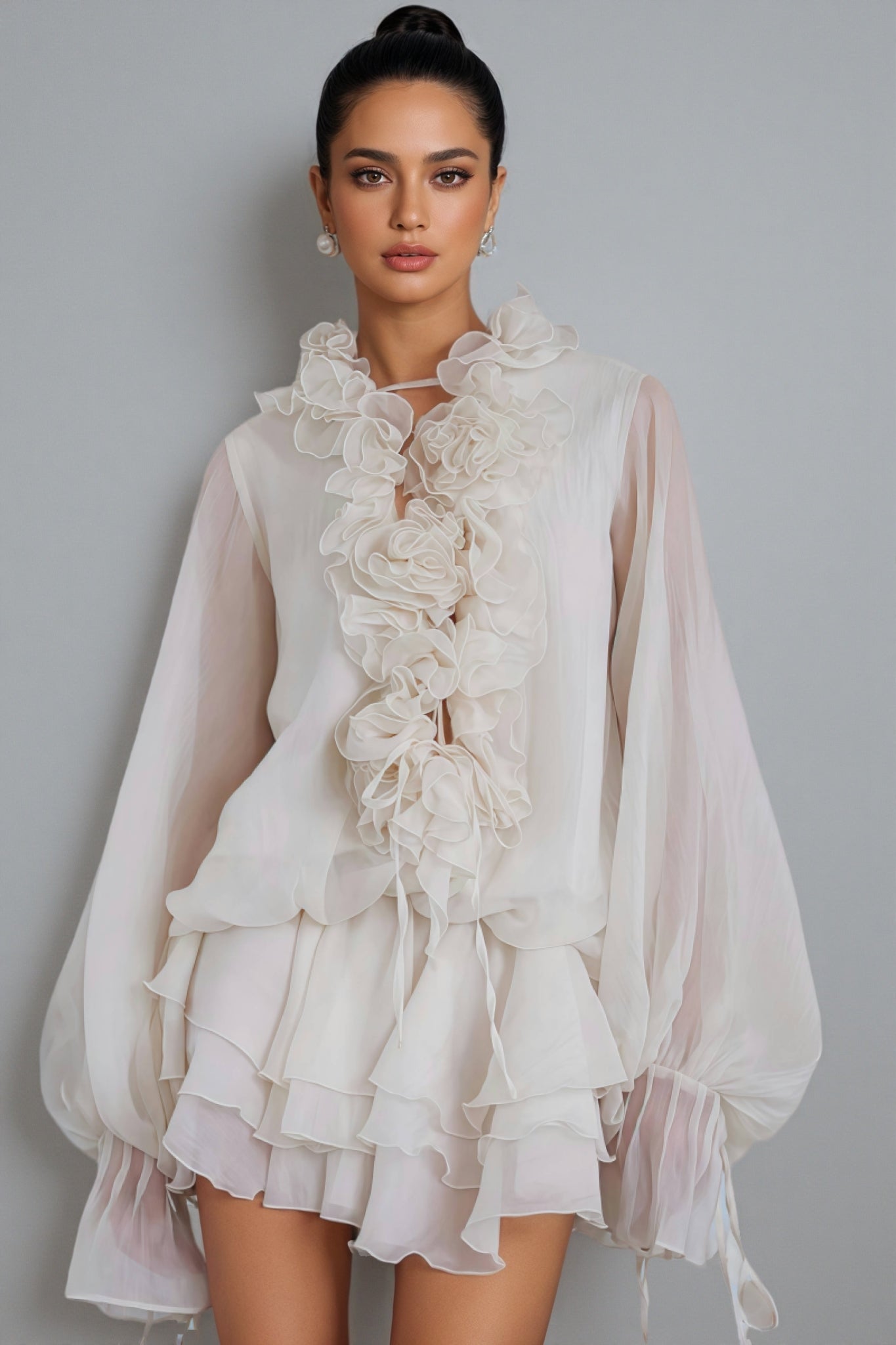 Elsonv 3D Floral Lantern Sleeve Mini Dress