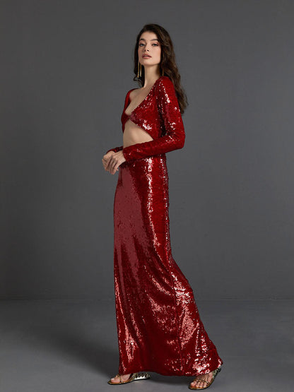 Ailana Long Sleeve Sequin Cutout Maxi Dress