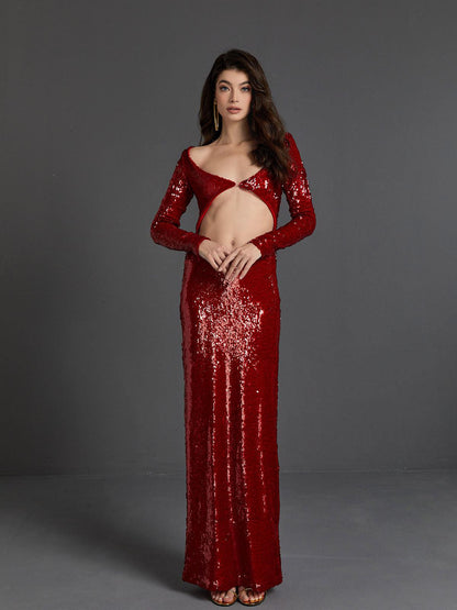 Ailana Long Sleeve Sequin Cutout Maxi Dress