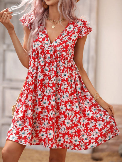 Allover Print V Neck Smocked Flare Dress