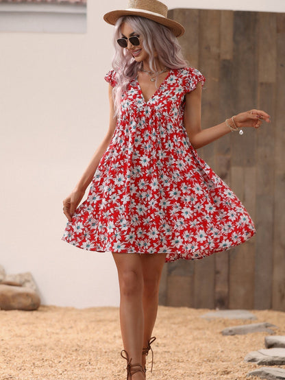 Allover Print V Neck Smocked Flare Dress