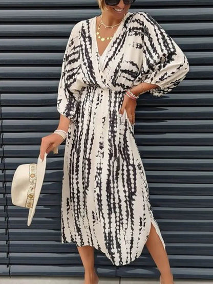 Apricot Black Snakeskin Plunging V-Neck Uneven Midi Dress