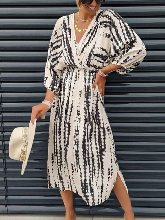 Apricot Black Snakeskin Plunging V-Neck Uneven Midi Dress