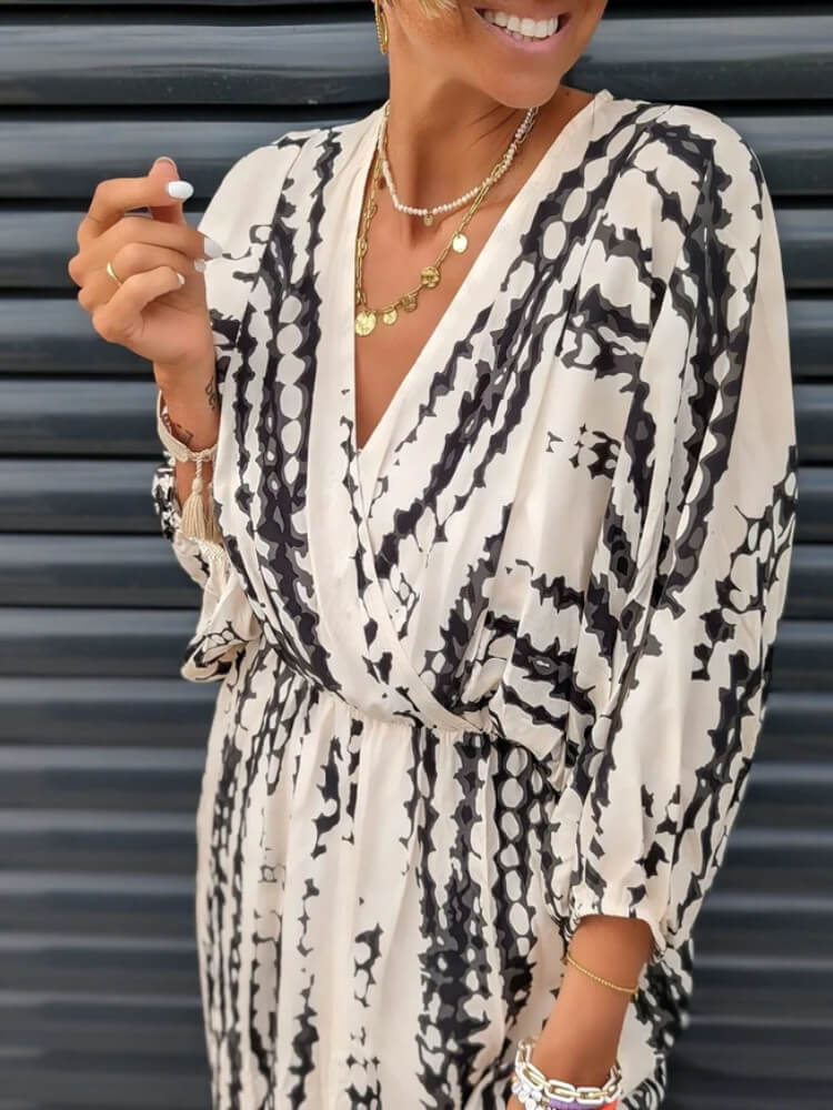 Apricot Black Snakeskin Plunging V-Neck Uneven Midi Dress