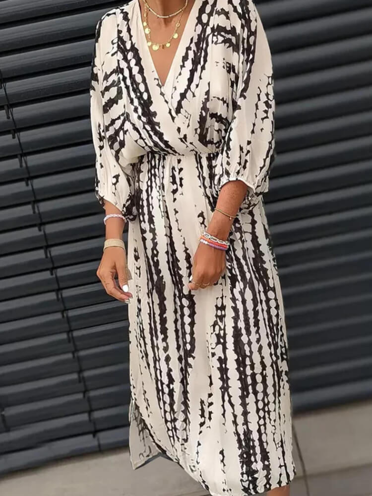 Apricot Black Snakeskin Plunging V-Neck Uneven Midi Dress