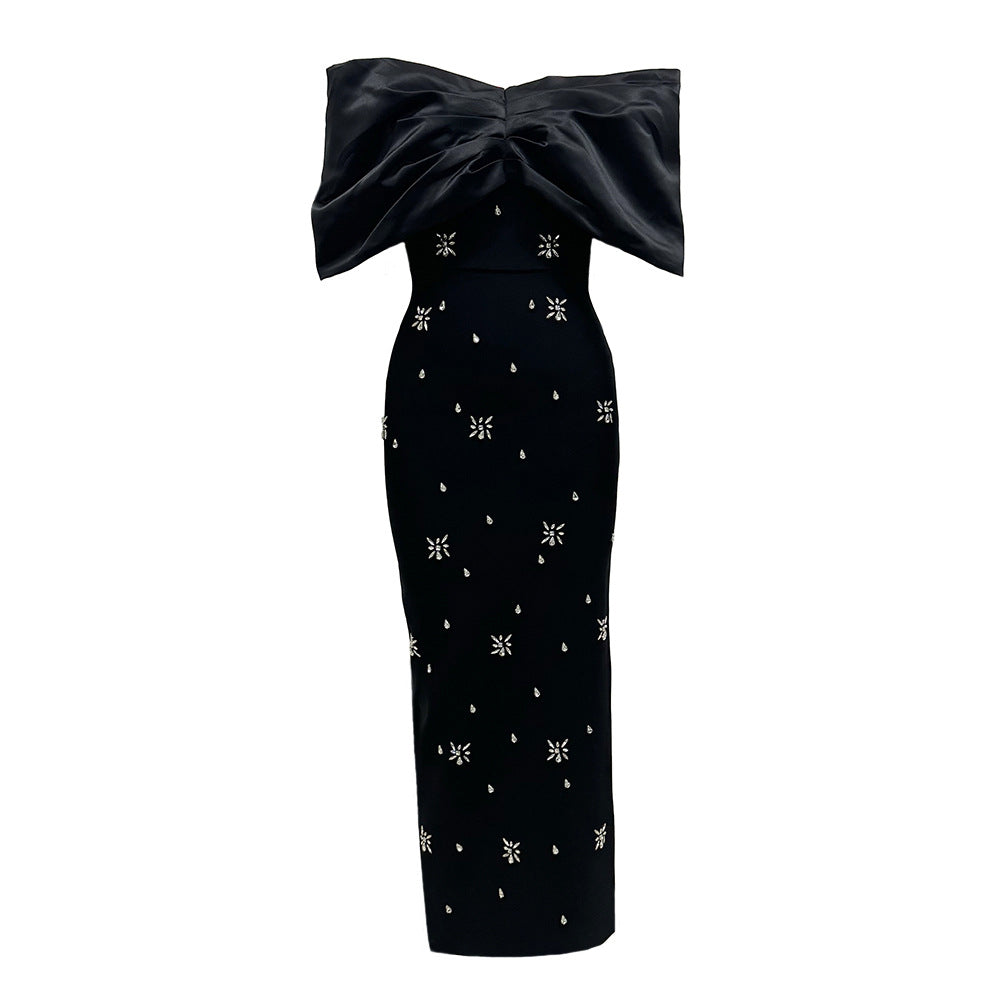 Elegant Ladies Bow Rhinestone Bandage Evening off Shoulder Dress