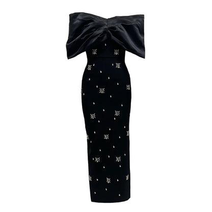 Elegant Ladies Bow Rhinestone Bandage Evening off Shoulder Dress