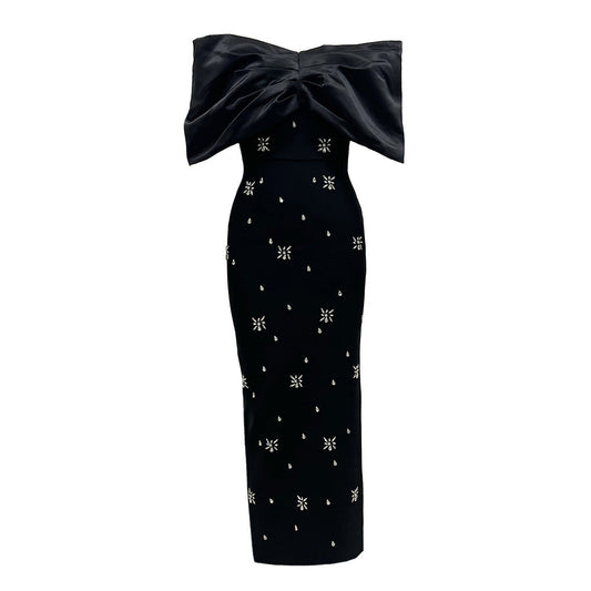 Elegant Ladies Bow Rhinestone Bandage Evening off Shoulder Dress