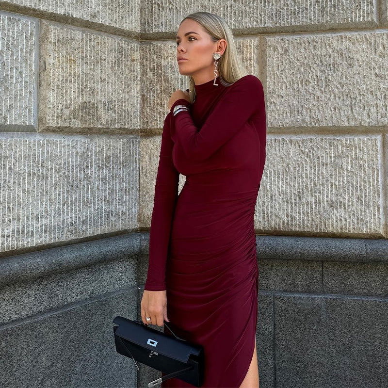 Solid Color Half High Collar Long Sleeves Slit Slim Fit Long Dress