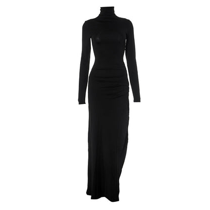 Solid Color Half High Collar Long Sleeves Slit Slim Fit Long Dress