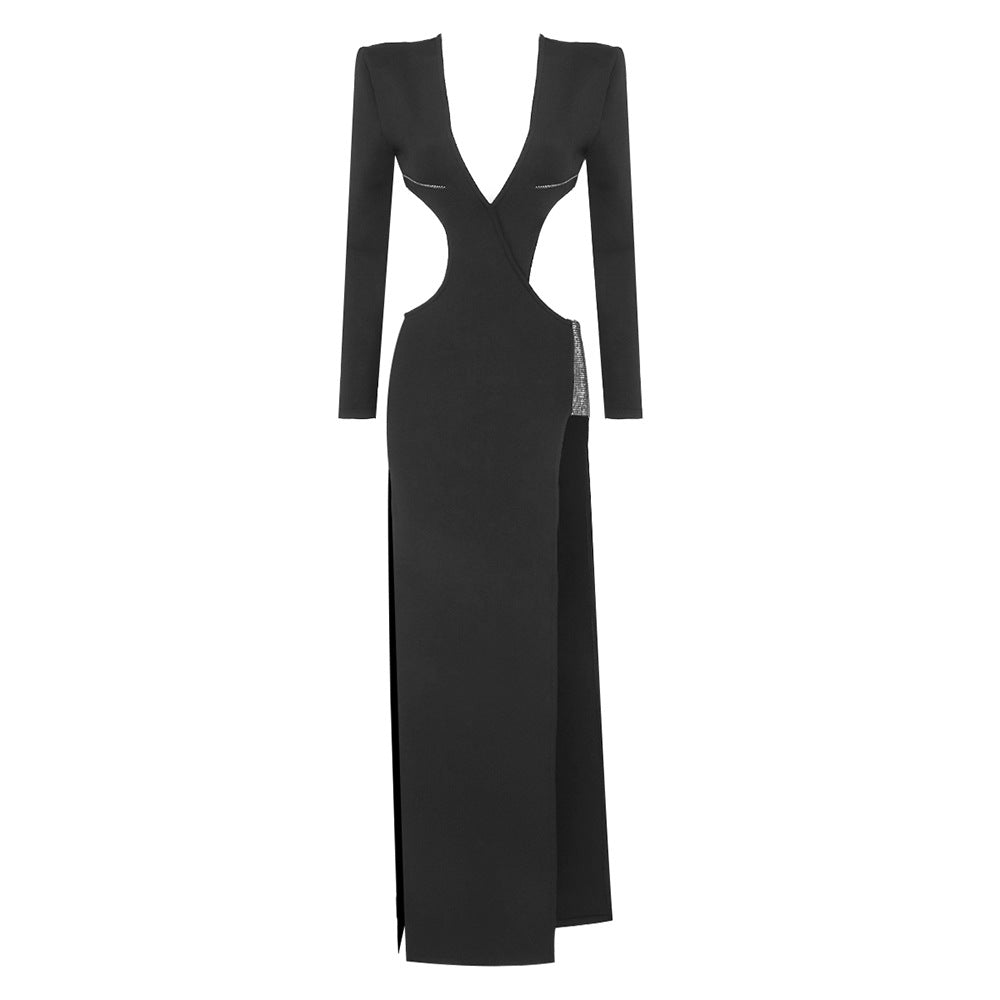 Black Cut out Rhinestone Dress Long Sleeve Split Slim Fit Dress Sexy