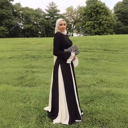 Black White Contrast Color Elegant Ruffle Long Sleeve Big Hem Dress