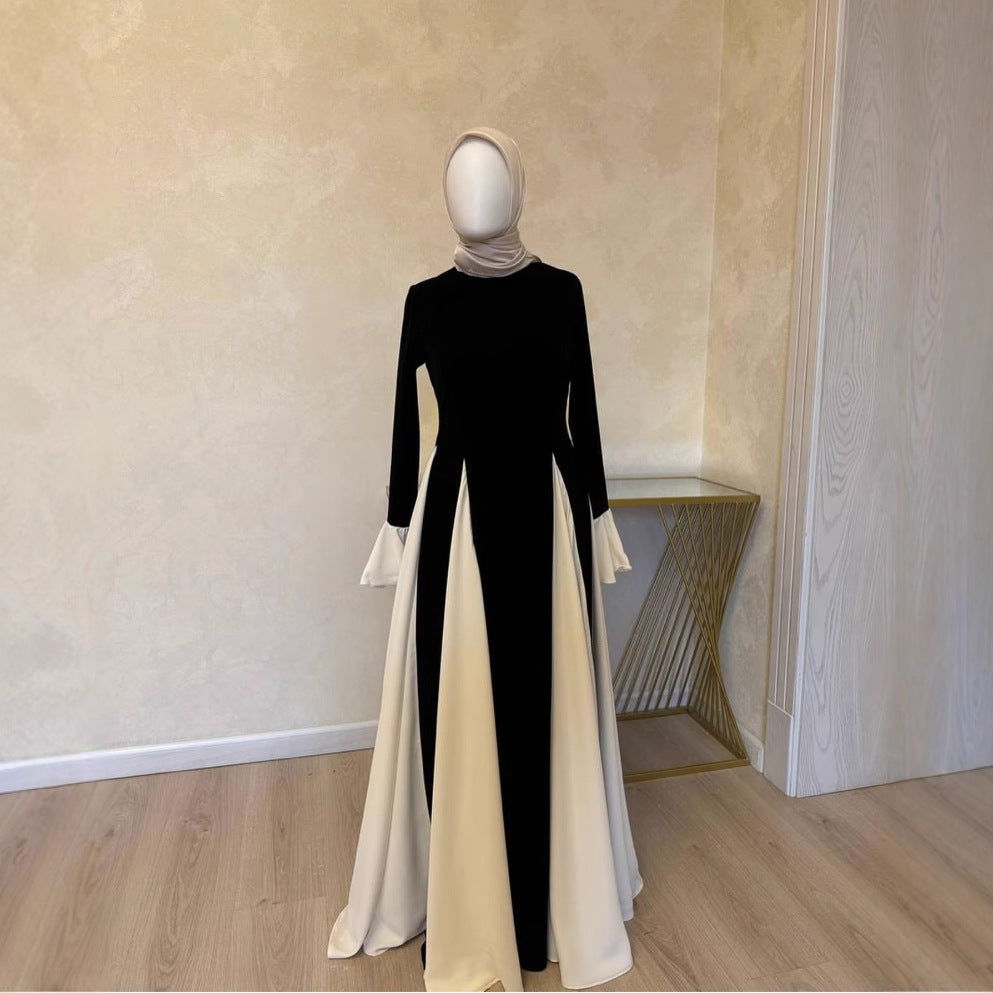 Black White Contrast Color Elegant Ruffle Long Sleeve Big Hem Dress