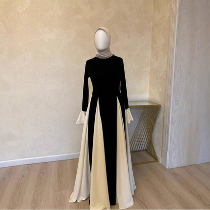 Black White Contrast Color Elegant Ruffle Long Sleeve Big Hem Dress