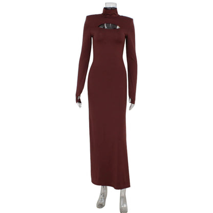 Chest Hollow Out Cutout out Long Sleeve Slim Fit Solid Color Dress Maxi