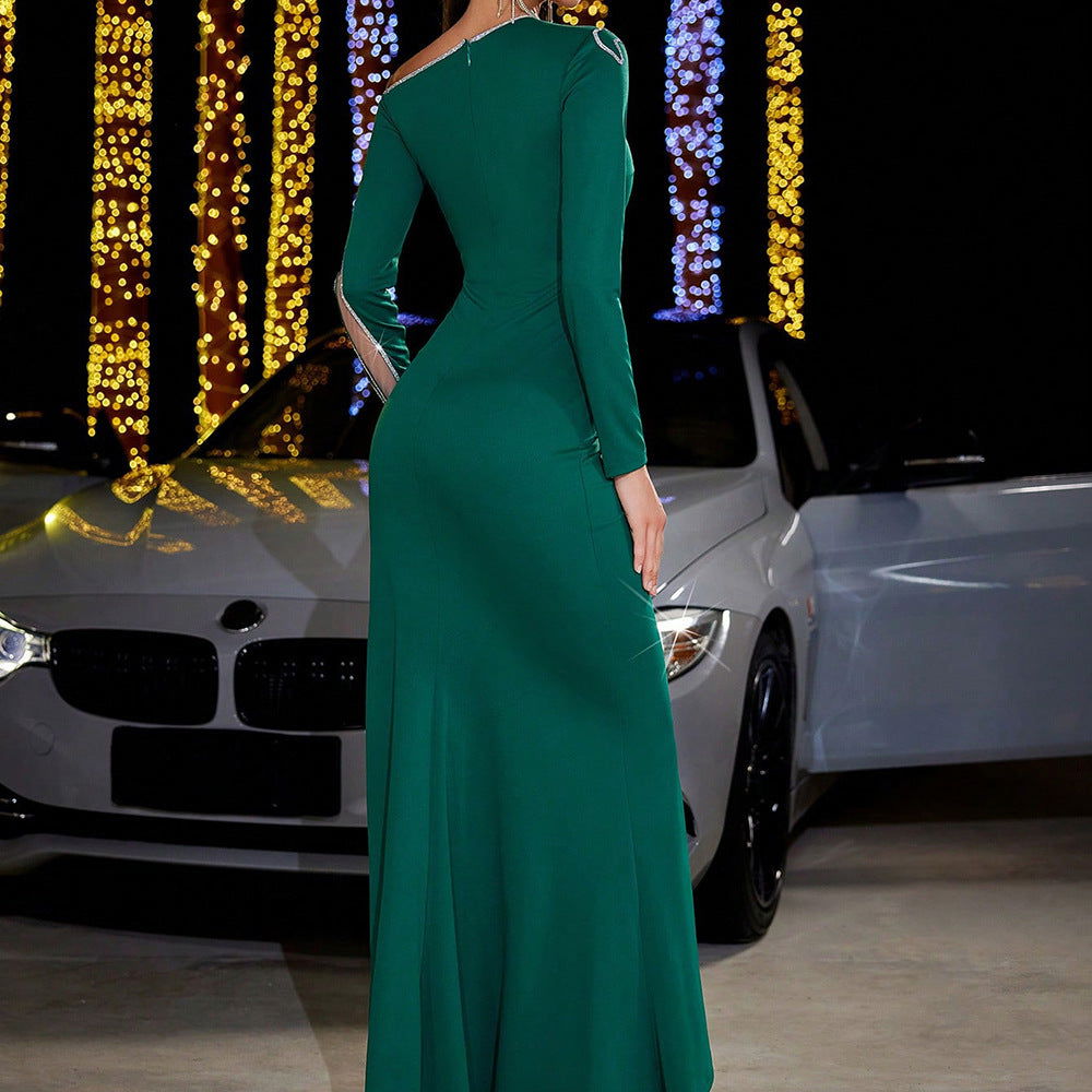 Dress Sequin Stitching Slim Sheath Party Long Sleeve Evening Dress