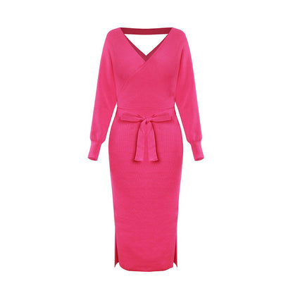 Knitted Dress Slim Double V neck Sweater Dress
