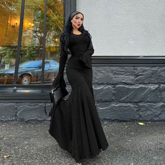 round Neck Waist Trimming Flared Long Sleeve Dress Elegant Fishtail Solid Color Dress