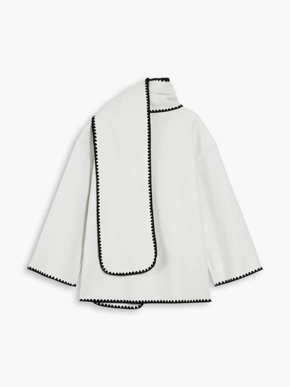 Double Pockets Embroidered Trim Coat With Matching Scarf