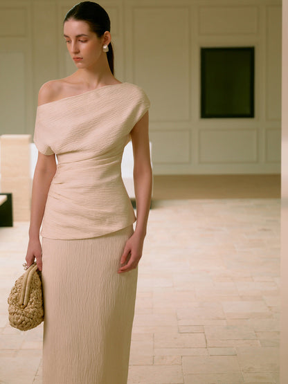 Asymmetrical Neck One Shoulder Off Pleated T-Shirt and skirt set