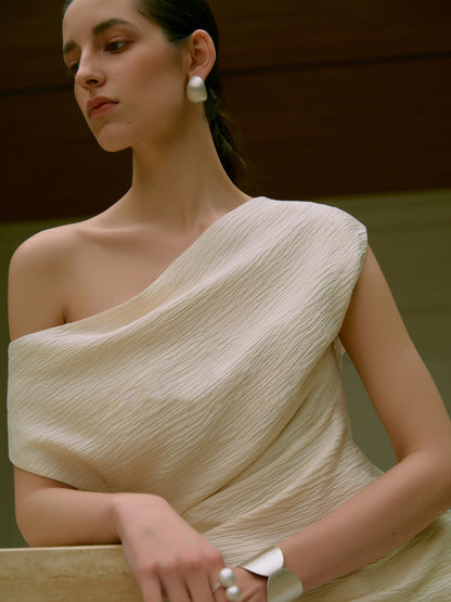 Asymmetrical Neck One Shoulder Off Pleated T-Shirt and skirt set