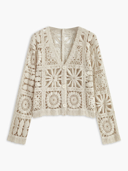 Crochet Square Pattern Button-Front Cardigan set