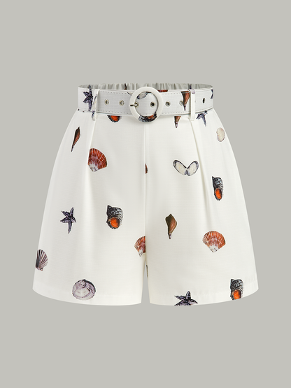 Belted Seashell Print Romper