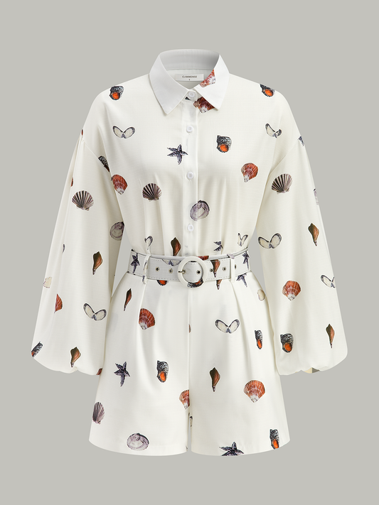 Belted Seashell Print Romper