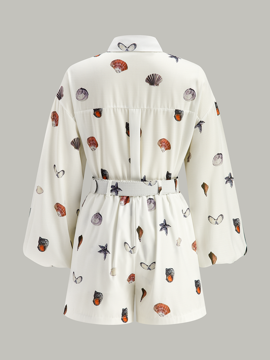 Belted Seashell Print Romper