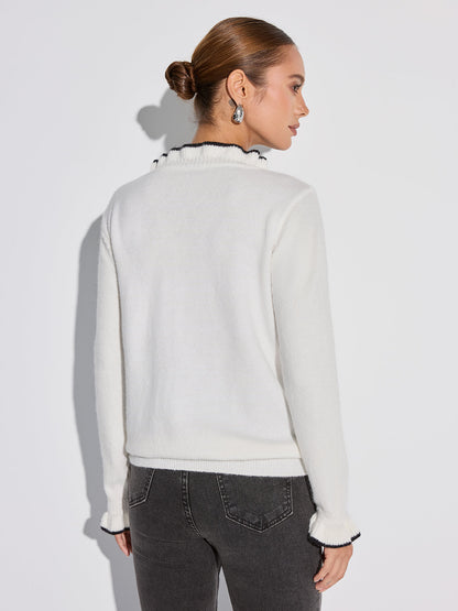 Contrast Ruffle Trim Button Sweater
