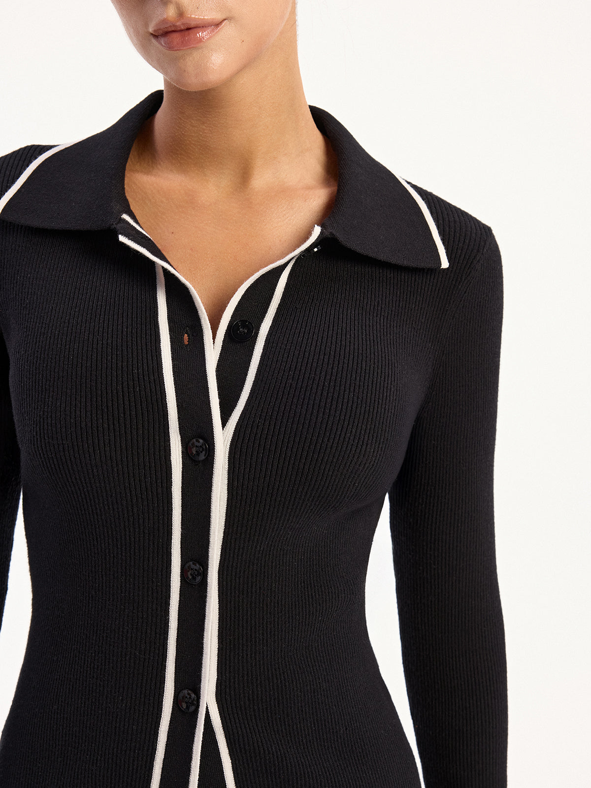 Contrast-Trim Polo Collar Knit Cardigan And Dress Set
