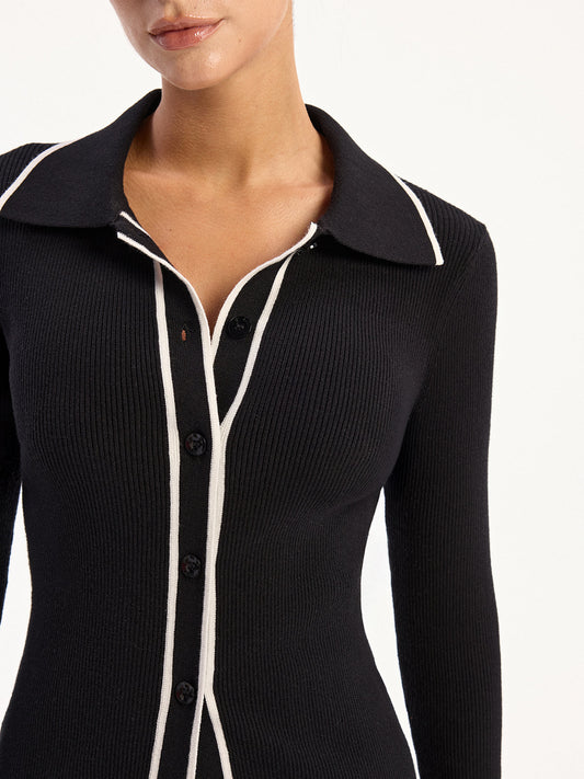 Contrast-Trim Polo Collar Knit Cardigan And Dress Set