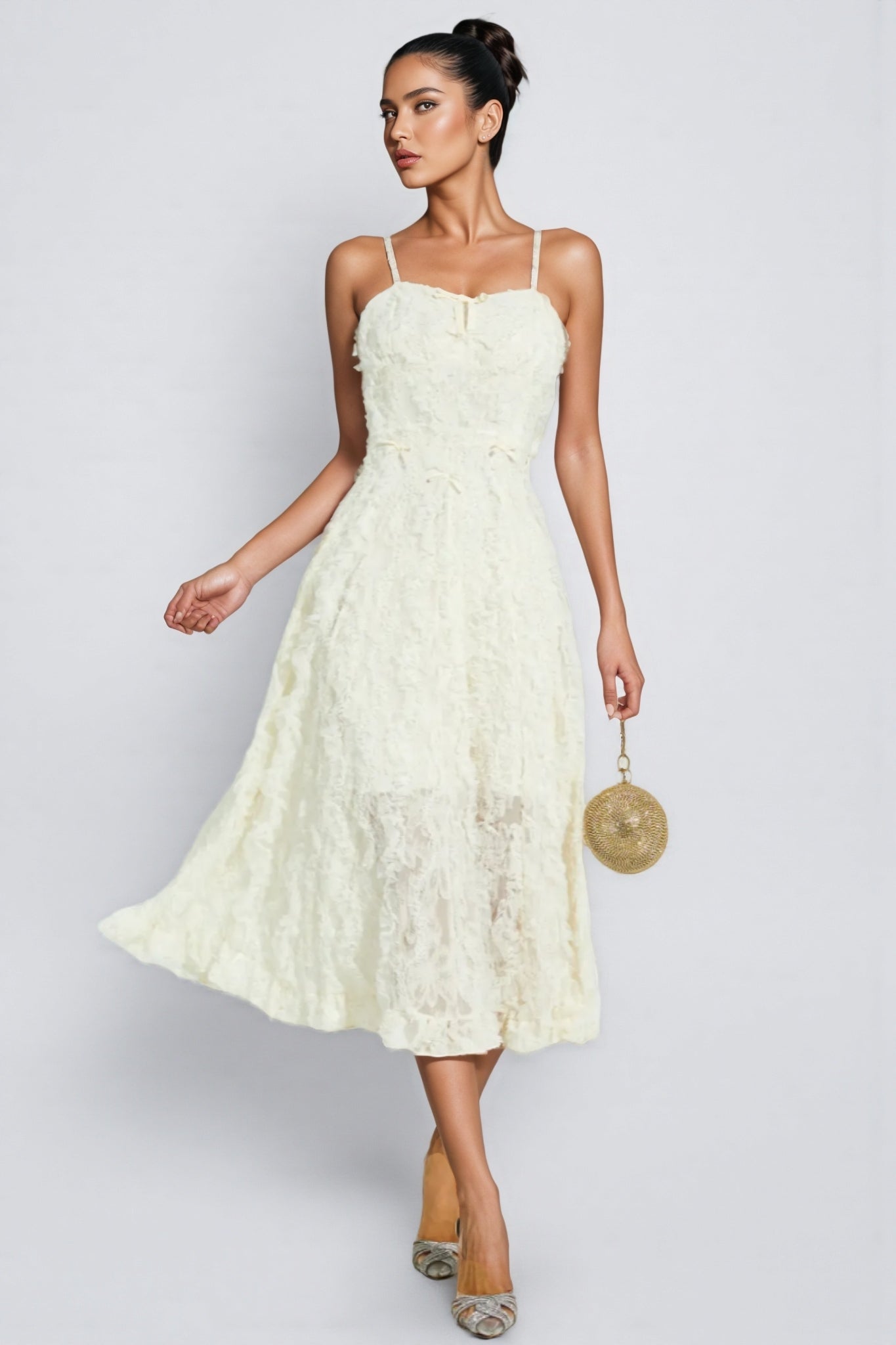 Kathle Beige Feather Midi Dress