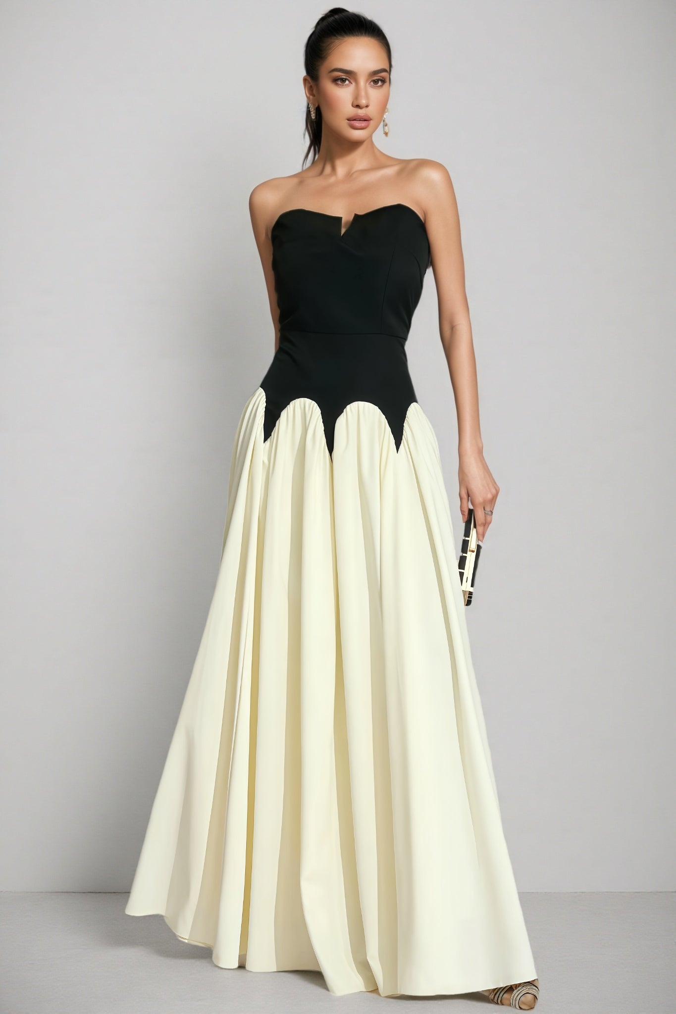 Pound Black White Contrast Strapless Maxi Dress