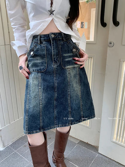 American Retro Midi Do old Washed ALine Skirt