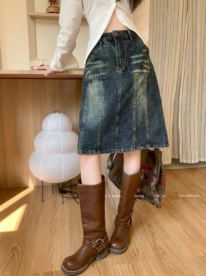 American Retro Midi Do old Washed ALine Skirt