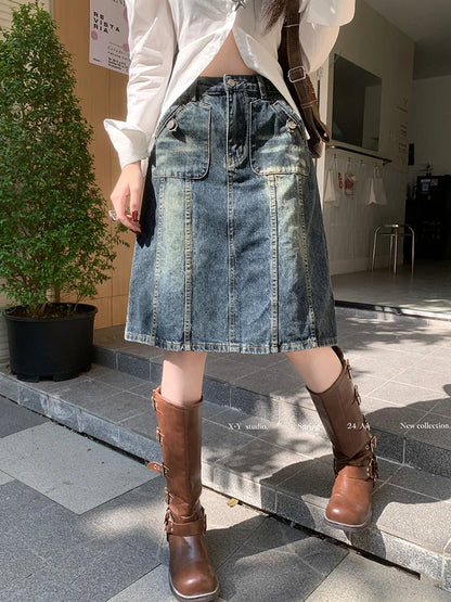 American Retro Midi Do old Washed ALine Skirt
