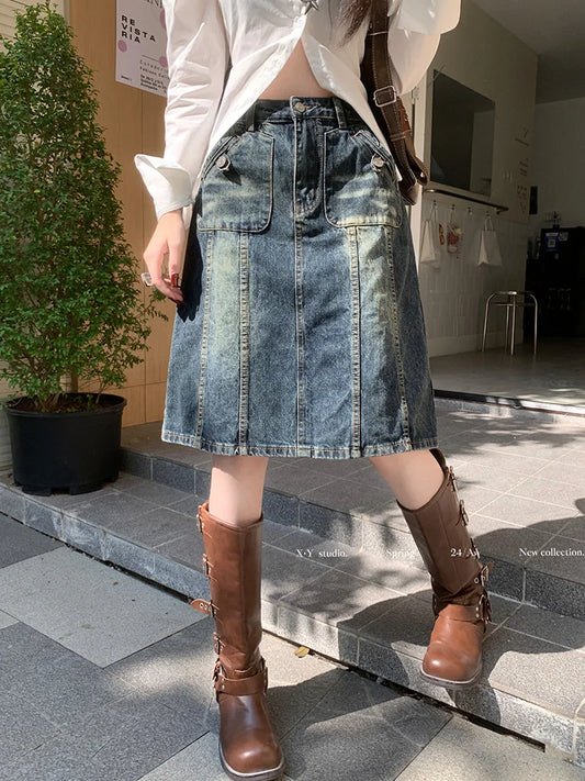 American Retro Midi Do old Washed ALine Skirt