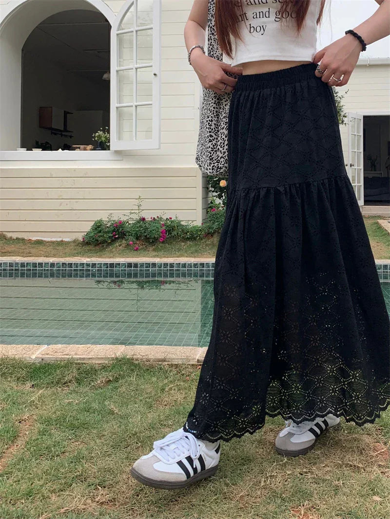 Black Lace Ruffled High Waist ALine Skirt