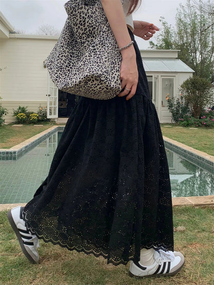 Black Lace Ruffled High Waist ALine Skirt