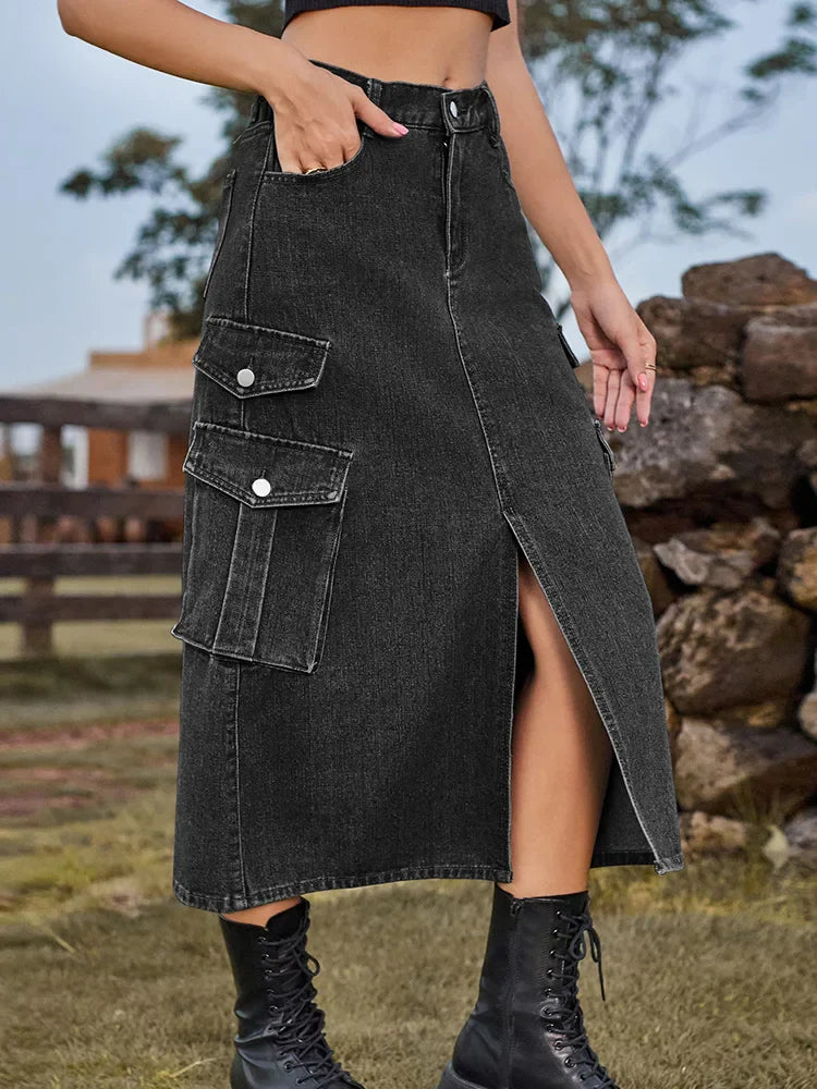 Casual Split Long High Waisted ALine Cargo Jean Skirt