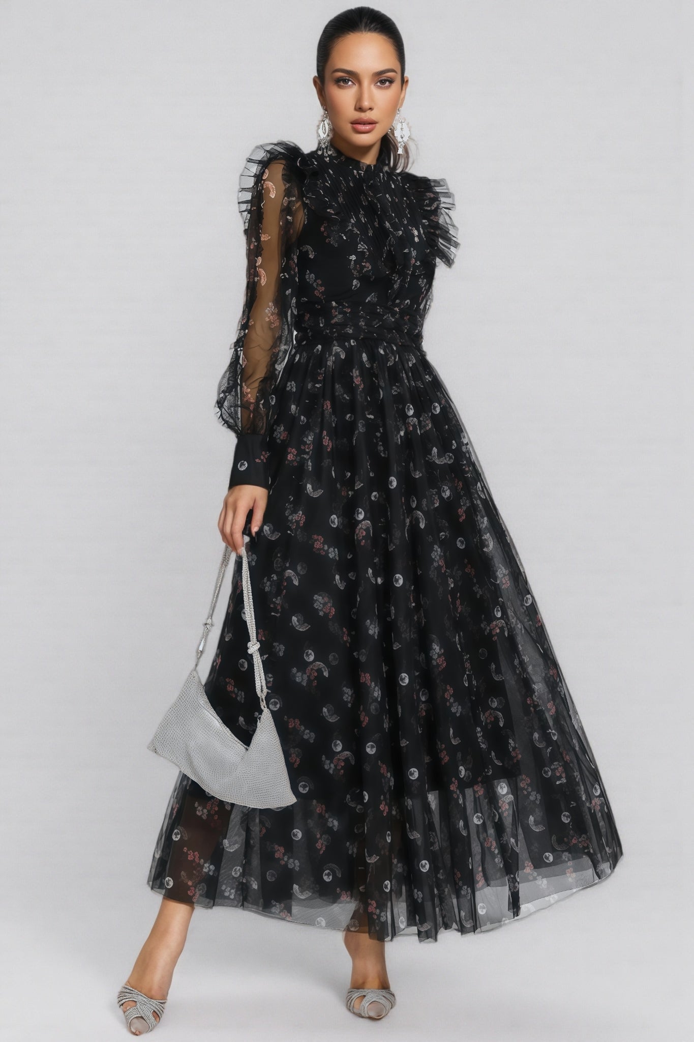 Cadence Black Floral Long Sleeve Maxi Dress