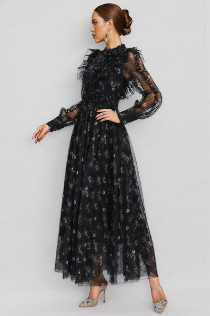 Cadence Black Floral Long Sleeve Maxi Dress