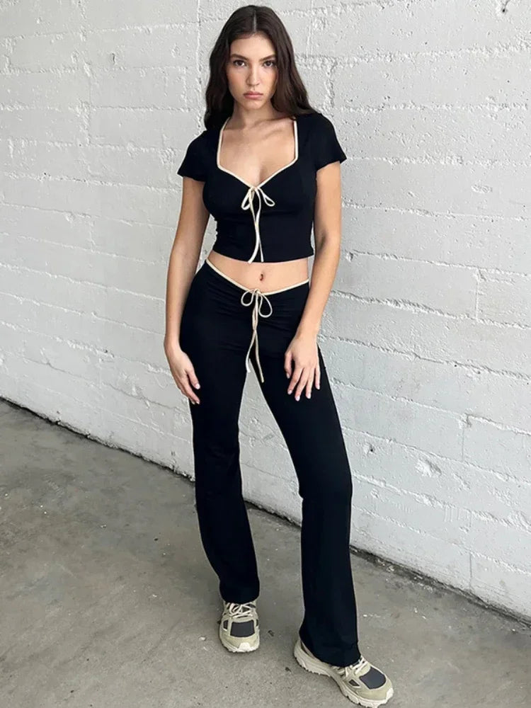 Black Flare Low Waist Slim Fit Solid Sexy Hot Sweat Winter Pants