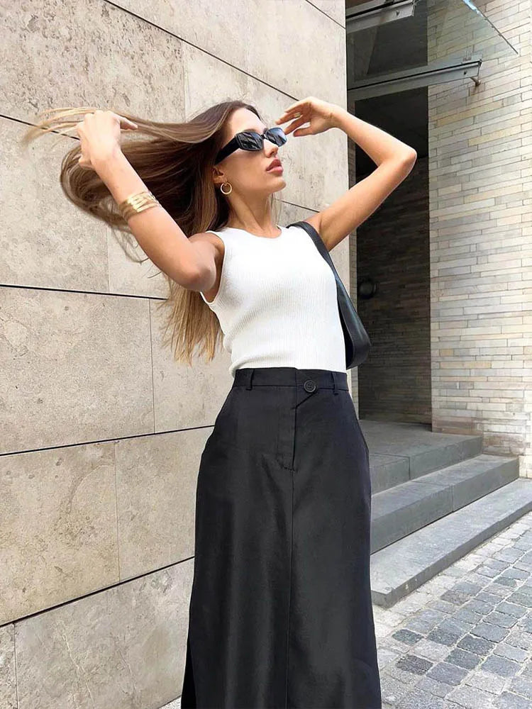 Black Loose Elegant ALine Summer AnkleLength Pocket Skirt