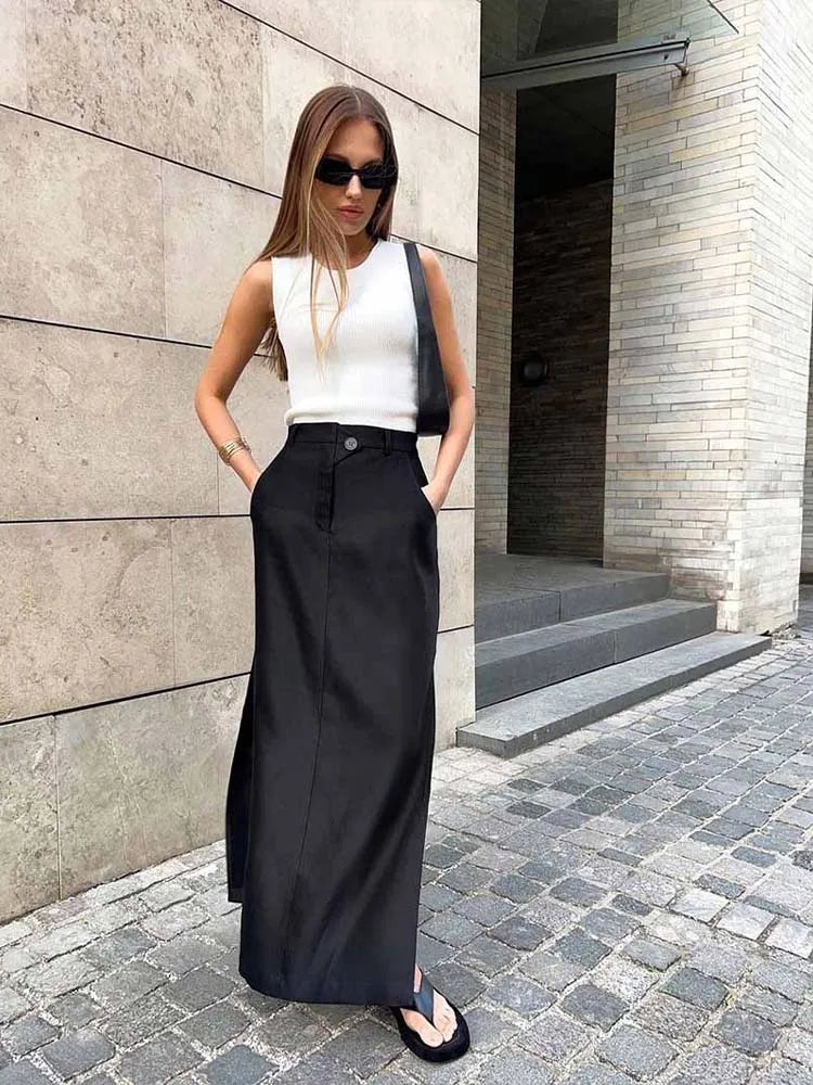 Black Loose Elegant ALine Summer AnkleLength Pocket Skirt