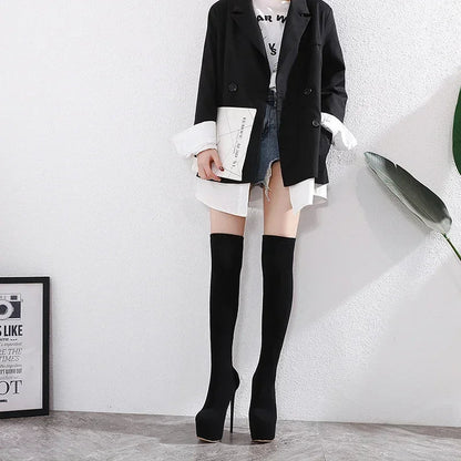 Sleek Black  Thigh High Long Socks Platform Slim Elastic High Heel