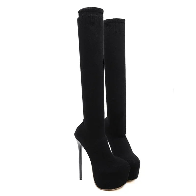 Sleek Black  Thigh High Long Socks Platform Slim Elastic High Heel