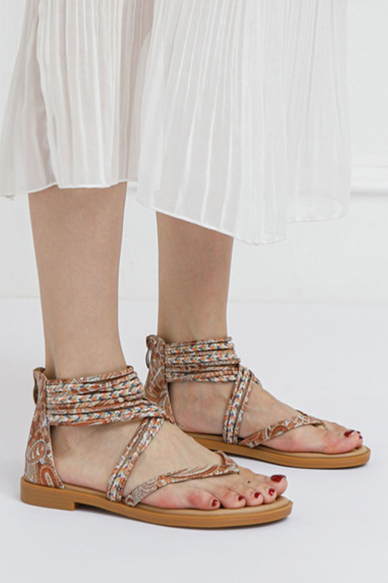 Bohemia Pattern Ankle Strap Zipper Thong Sandals